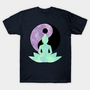 Buddha Yin Yang Lotus Flower Watercolor Green and Purple T-Shirt